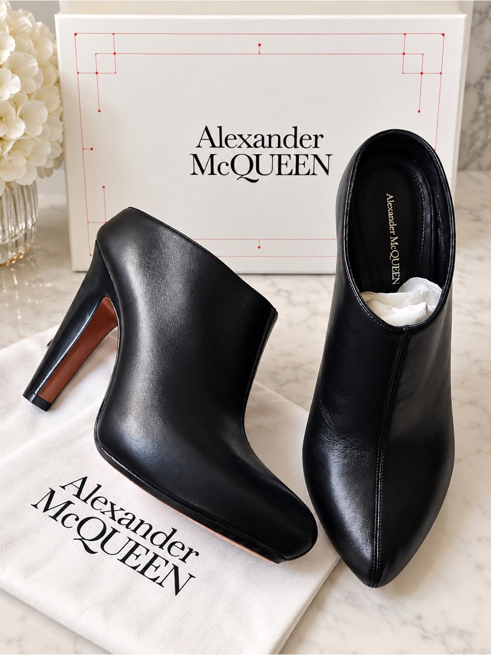 Alexander McQueen Black Nappa Leather Pointed-Toe Heeled Mules – Size 38